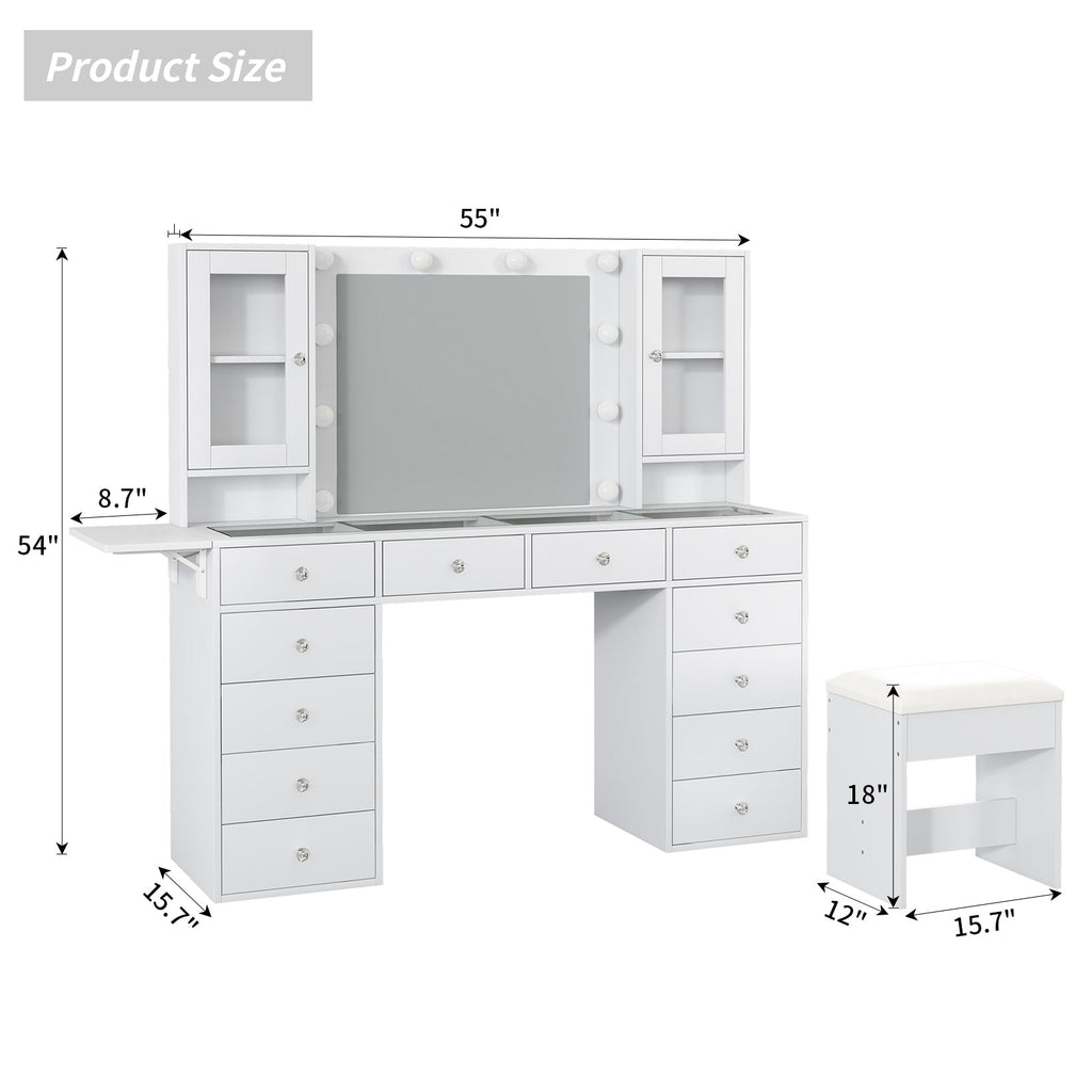 Yanosaku VD012 Modern White Makeup Vanity Set Table with Stool & LED Mirror 12 Drawers Luxury - Yanosaku SotreFurnitureVD012