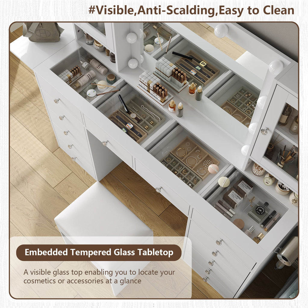 Yanosaku VD012 Modern White Makeup Vanity Set Table with Stool & LED Mirror 12 Drawers Luxury - Yanosaku SotreFurnitureVD012