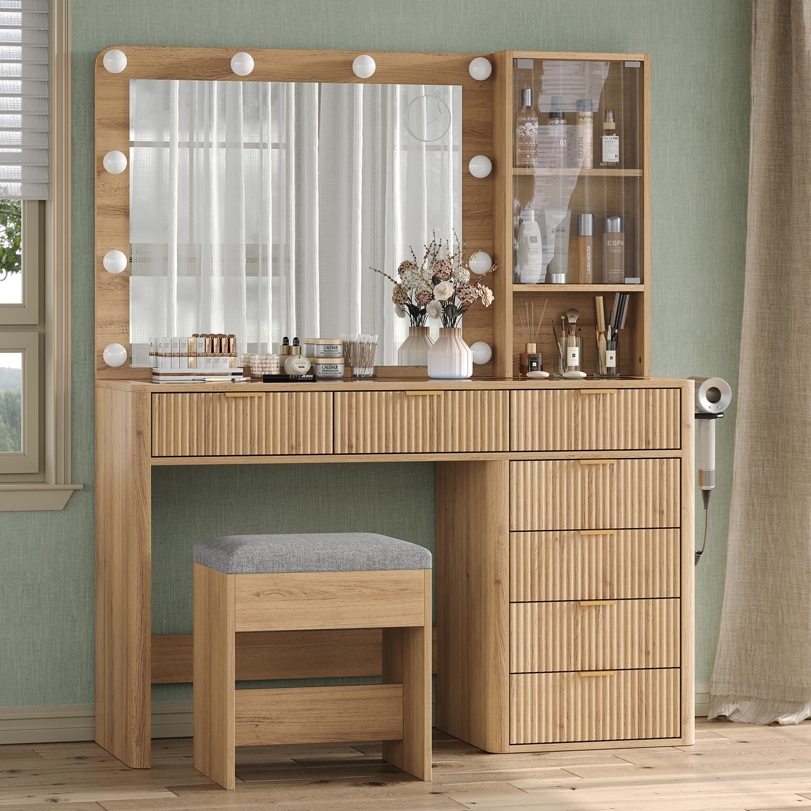 VD013 Bedroom Makeup Vanity desk with LED Mirror, 7 Drawers