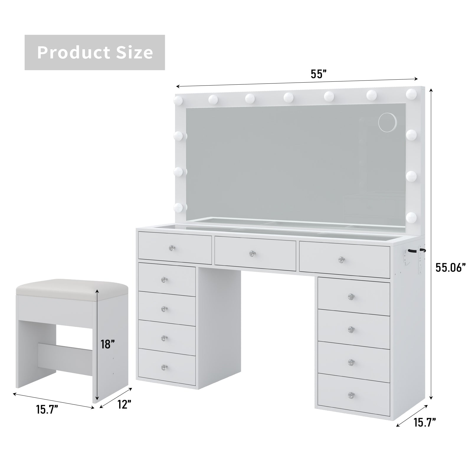 Yanosaku VD015 55''W White Vanity Set, LED Mirror, 11 Drawers - Yanosaku SotreFurnitureVD015 - WH