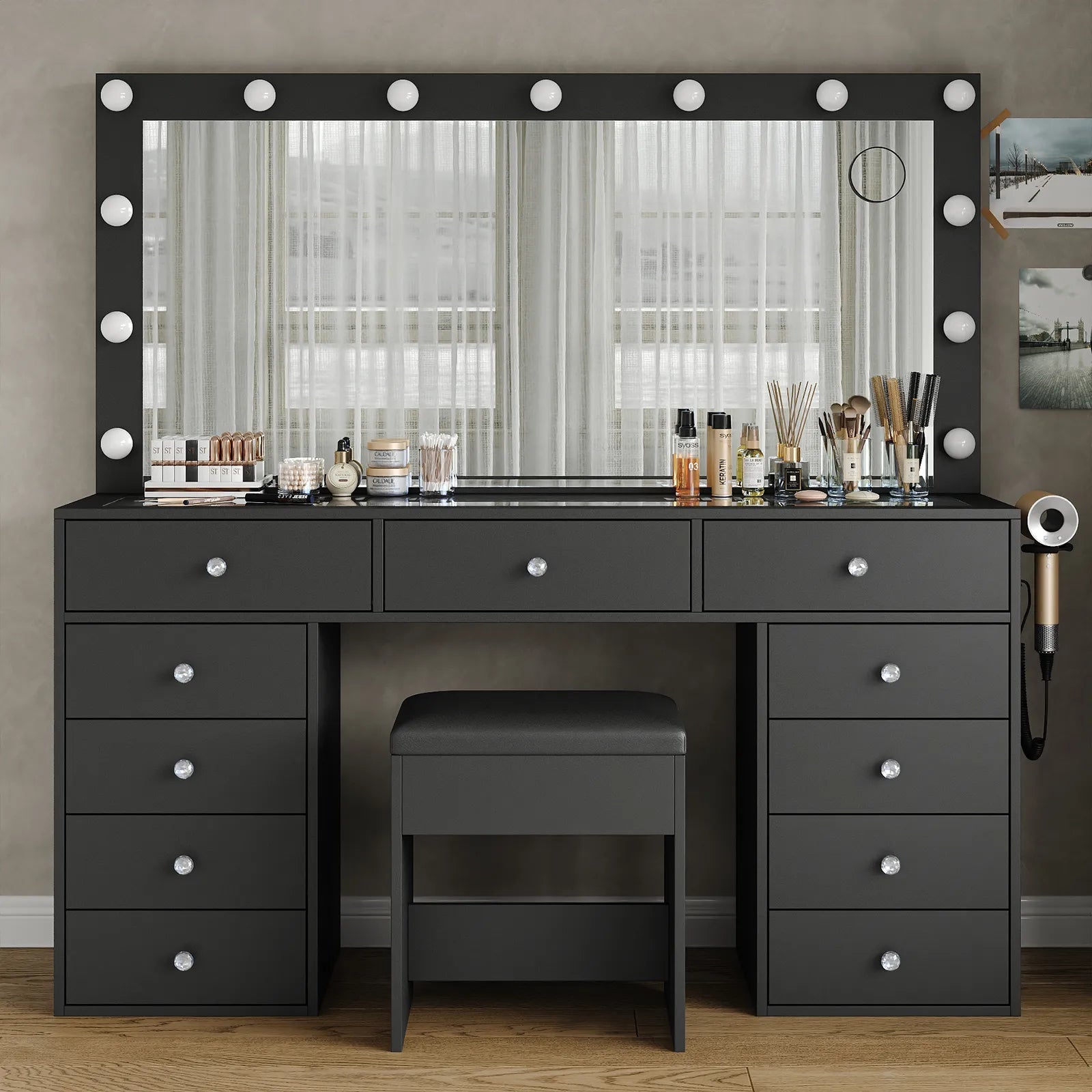Yanosaku VD015 Bedroom Makeup Vanity desk with LED Mirror, 11 Drawers - Yanosaku SotreFurnitureVD015 - bl