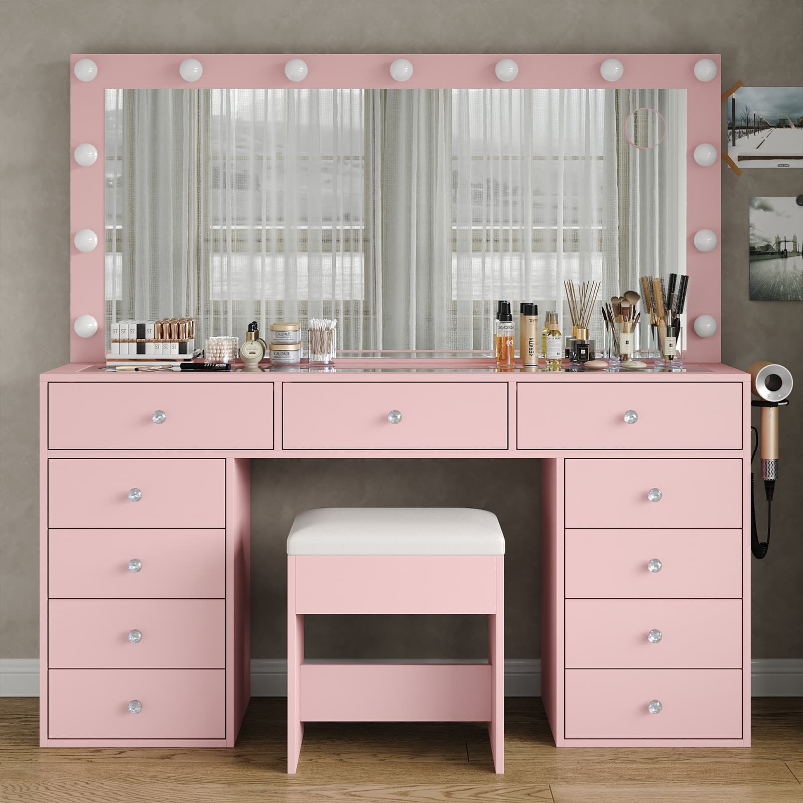 Yanosaku VD015 Bedroom Makeup Vanity desk with LED Mirror, 11 Drawers - Yanosaku SotreFurnitureVD015 - pk