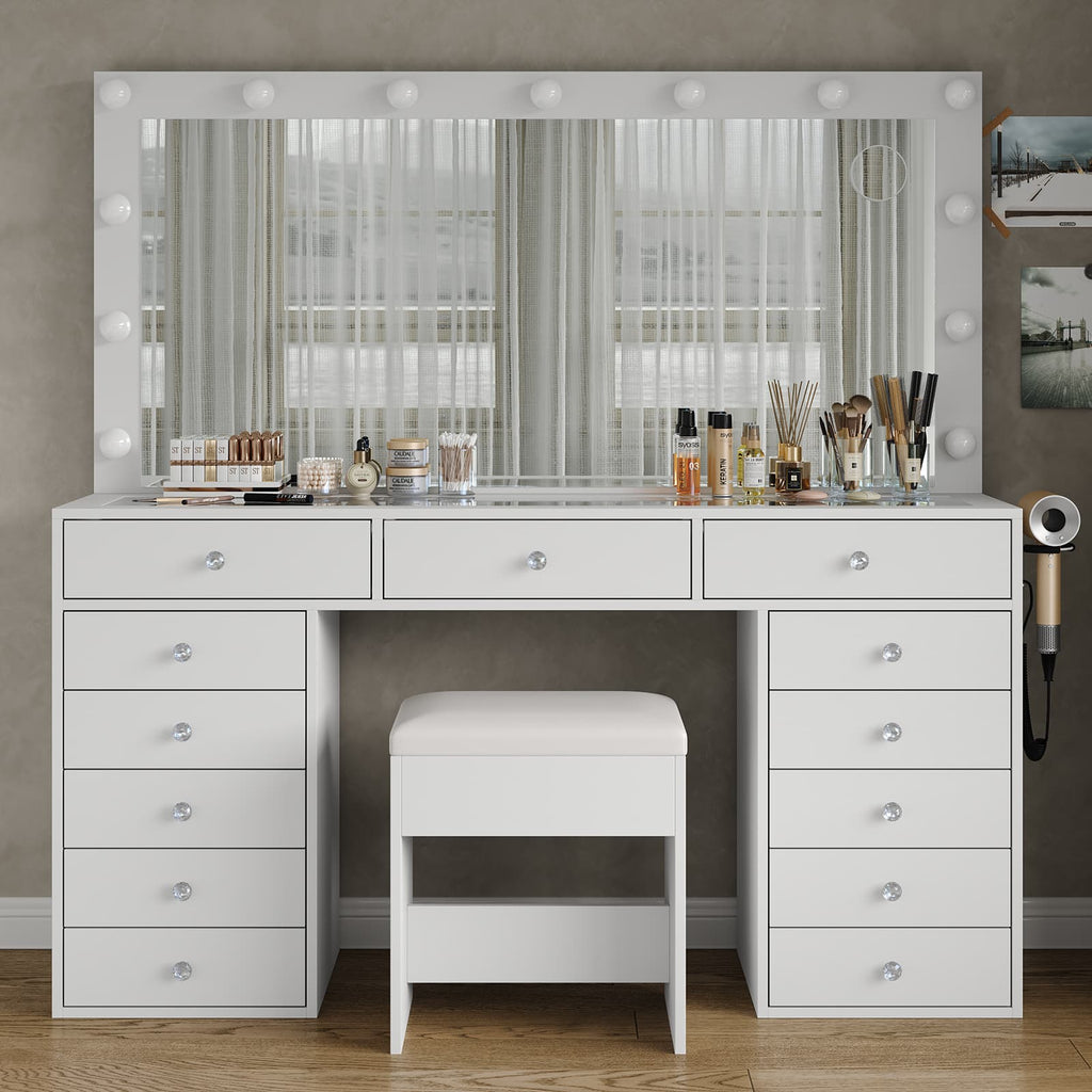 Yanosaku VD016 Bedroom Makeup Vanity desk with LED Mirror, 13 Drawers - Yanosaku SotreFurnitureVD016 - WH