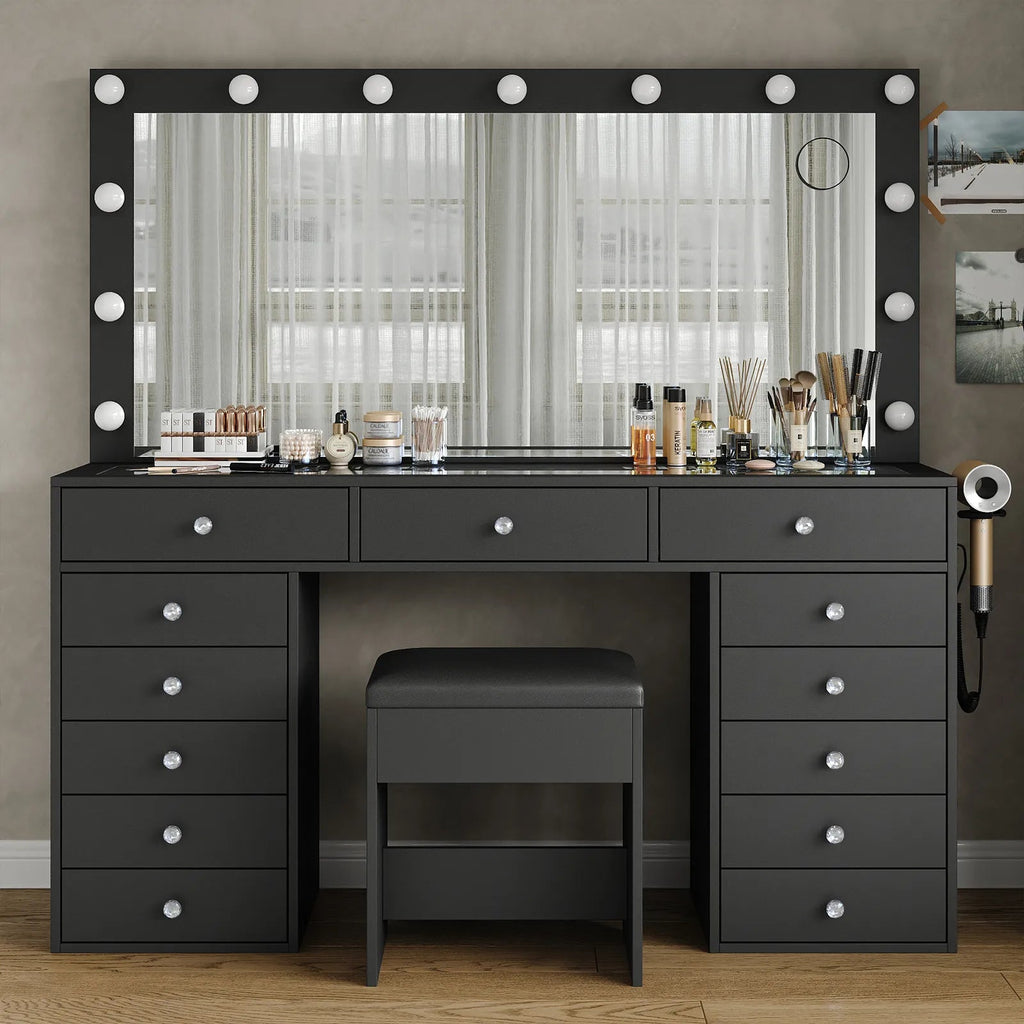 Yanosaku VD016 Bedroom Makeup Vanity desk with LED Mirror, 13 Drawers - Yanosaku SotreFurnitureVD016 - BK
