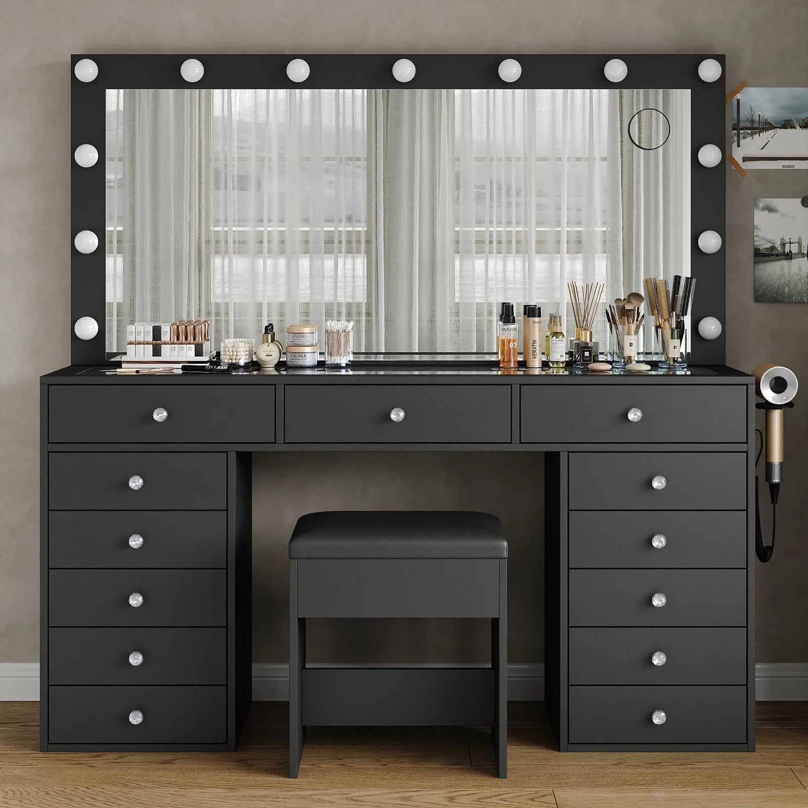 Yanosaku VD016 Bedroom Makeup Vanity desk with LED Mirror, 13 Drawers - Yanosaku SotreFurnitureVD016 - BK