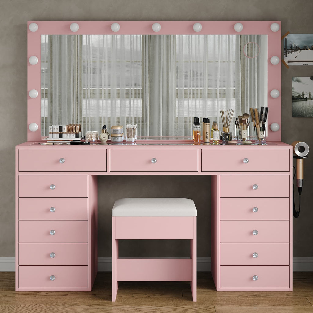 Yanosaku VD016 Bedroom Makeup Vanity desk with LED Mirror, 13 Drawers - Yanosaku SotreFurnitureVD016 - PK