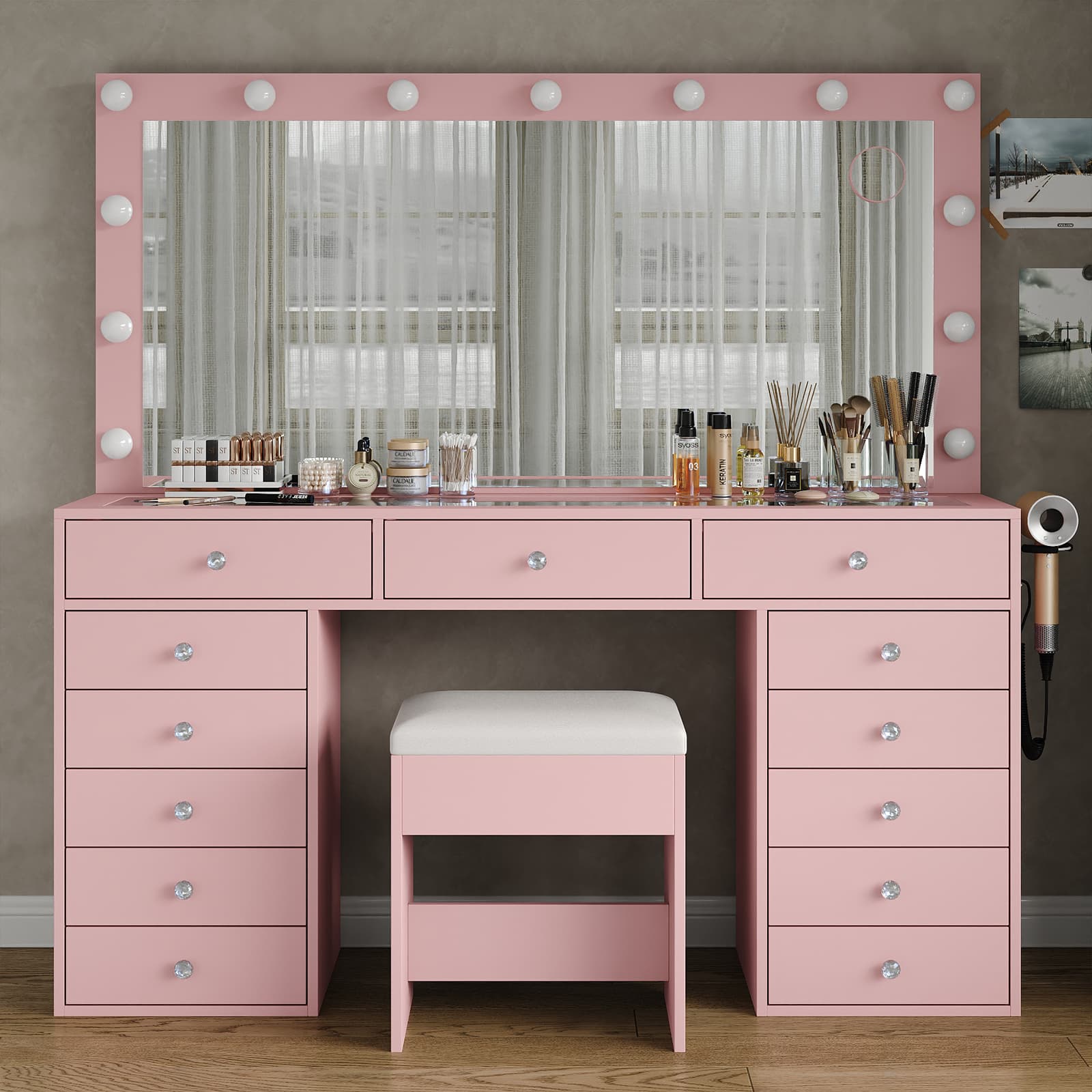 Yanosaku VD016 Bedroom Makeup Vanity desk with LED Mirror, 13 Drawers - Yanosaku SotreFurnitureVD016 - PK