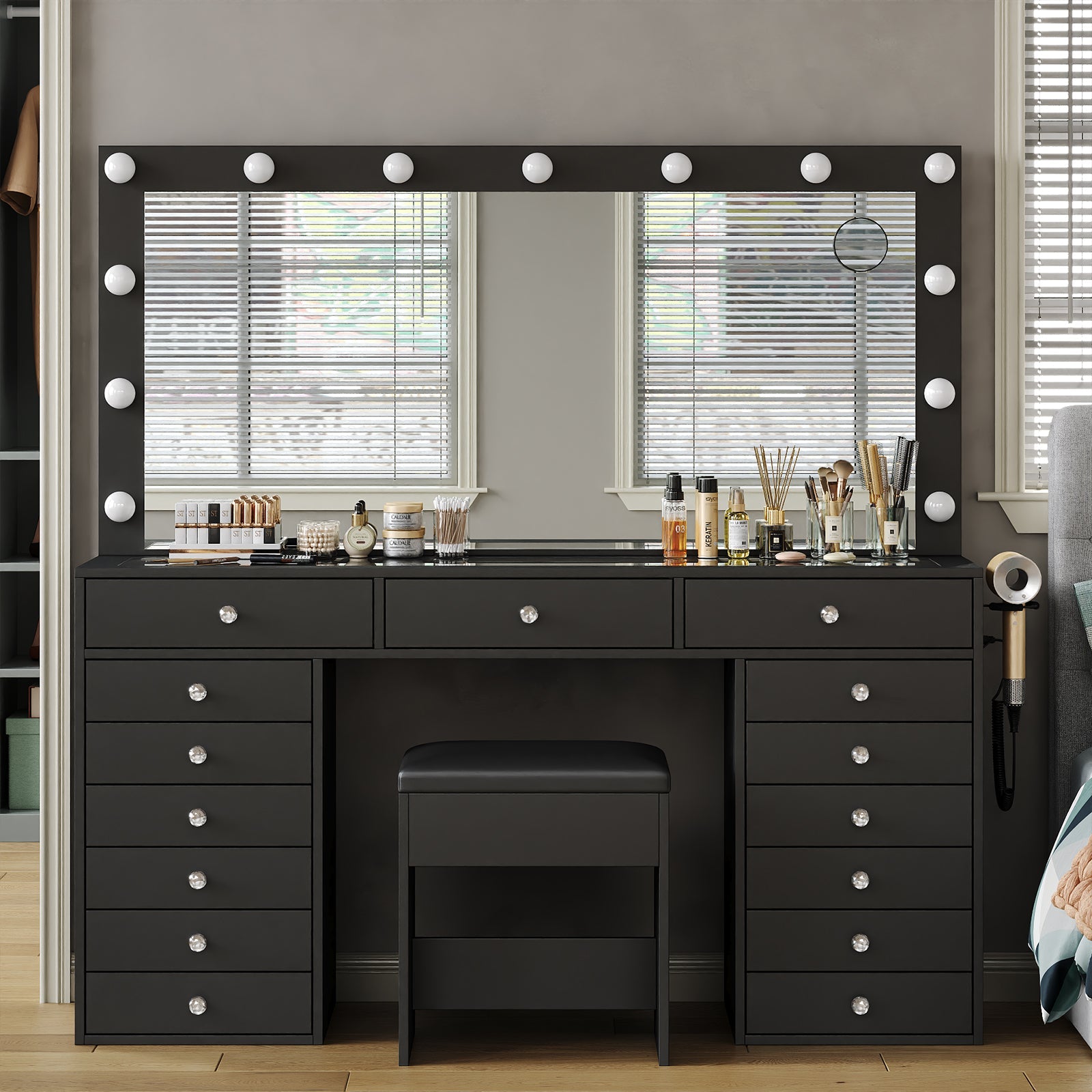 Yanosaku VD017 Bedroom Makeup Vanity desk with LED Mirror, 15 Drawers - Yanosaku SotreFurnitureVD017 - BL