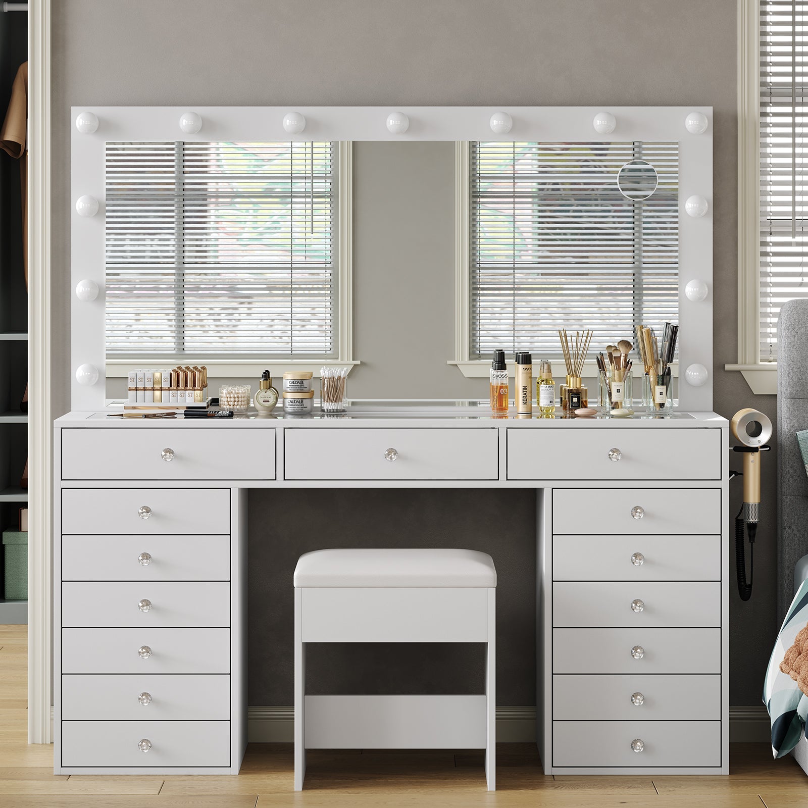 Yanosaku VD017 White Vanity Set, LED Mirror, 15 Drawers - Yanosaku SotreFurnitureVD017