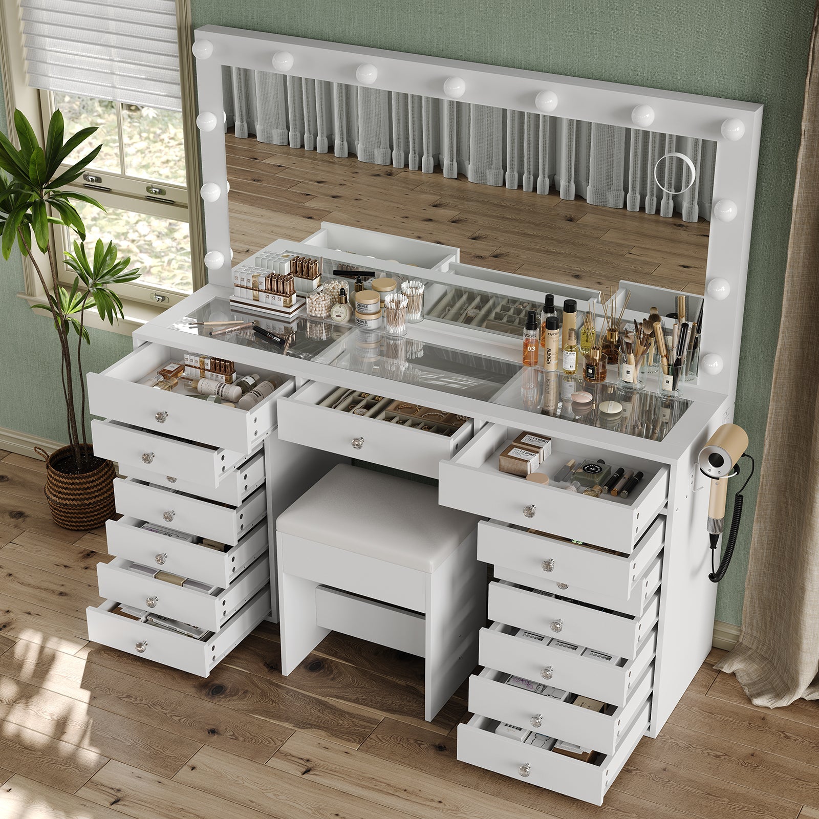 Yanosaku VD017 White Vanity Set, LED Mirror, 15 Drawers - Yanosaku SotreFurnitureVD017