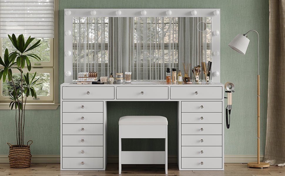Yanosaku VD017 White Vanity Set, LED Mirror, 15 Drawers - Yanosaku SotreFurnitureVD017