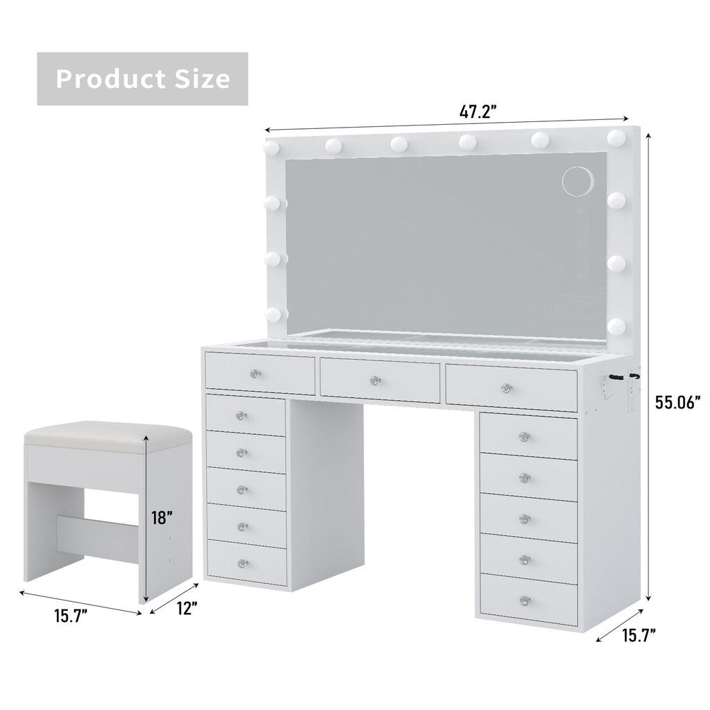 Yanosaku VD018 47''W White Vanity Set, LED Mirror, 13 Drawers - Yanosaku SotreFurnitureVD018