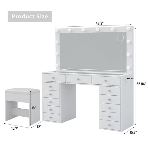 Yanosaku VD018 47''W White Vanity Set, LED Mirror, 13 Drawers - Yanosaku SotreFurnitureVD018