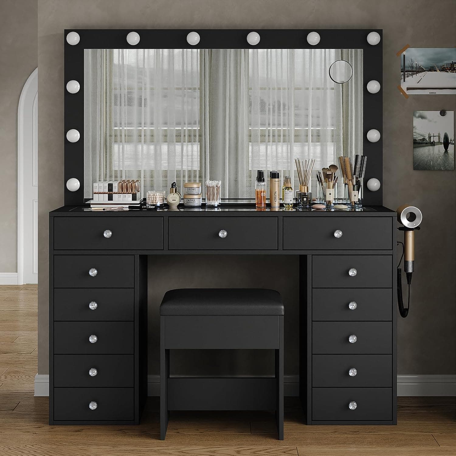 VD018 Bedroom Makeup Vanity desk with LED Mirror, 13 Drawers