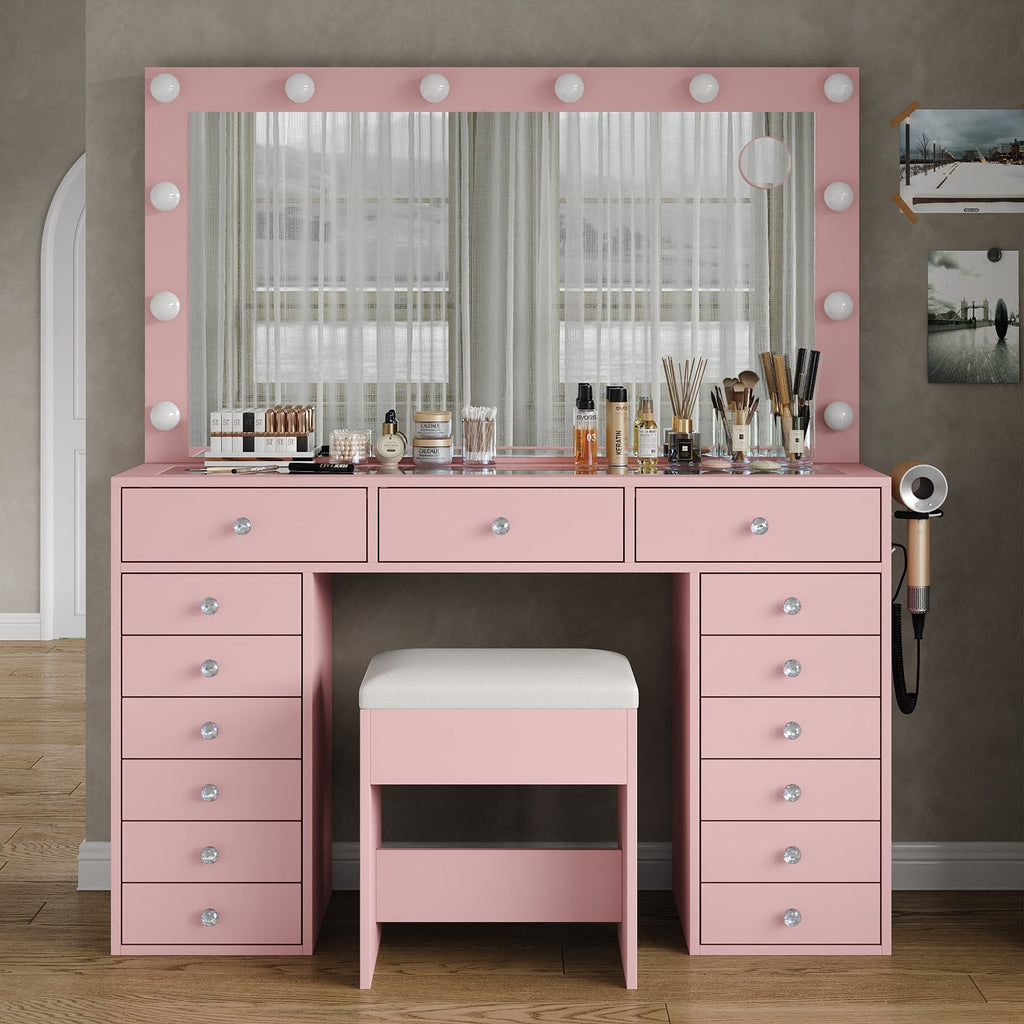 Yanosaku VD019 Bedroom Makeup Vanity desk with LED Mirror, 15 Drawers - Yanosaku SotreFurnitureVD019 - PK