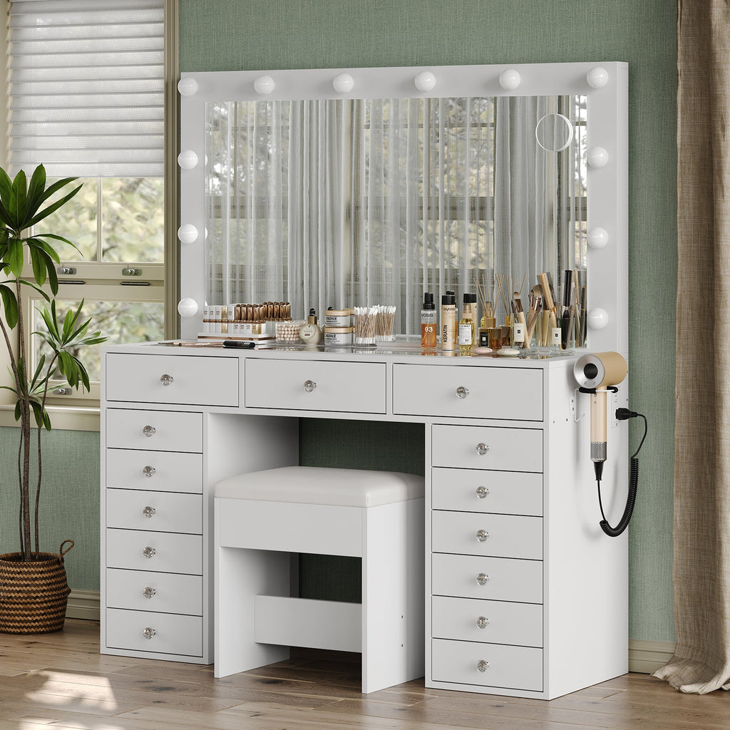 Yanosaku VD019 Modern White Vanity Set, LED Mirror, 15 Drawers - Yanosaku SotreFurnitureVD019 - WH