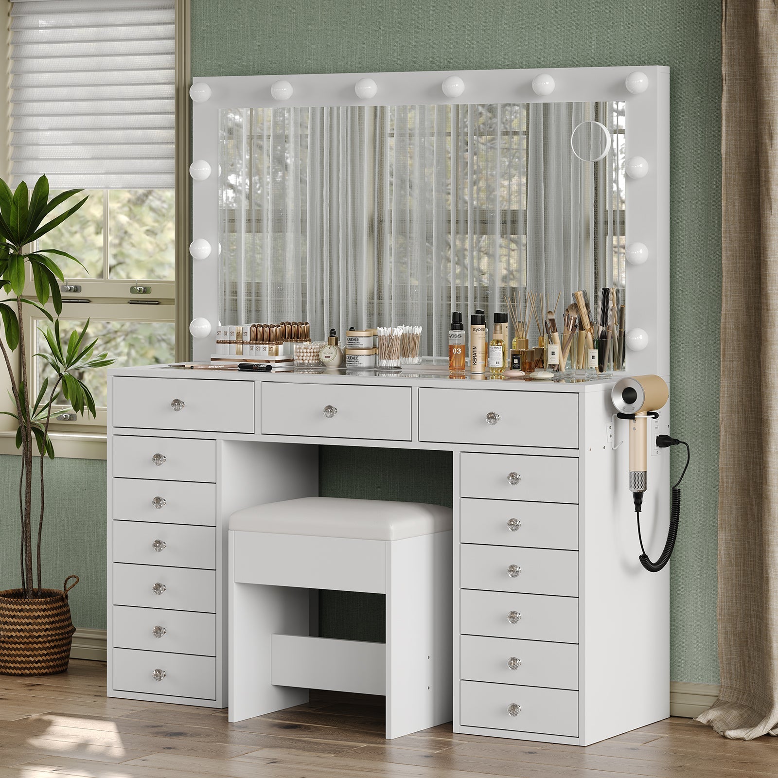 Yanosaku VD019 Modern White Vanity Set, LED Mirror, 15 Drawers - Yanosaku SotreFurnitureVD019 - WH