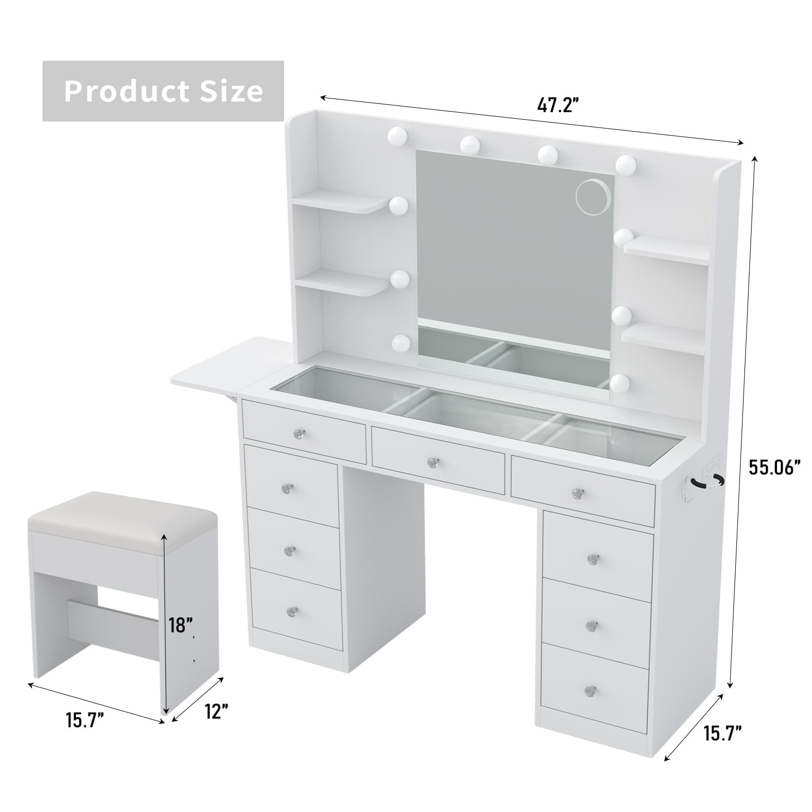 Yanosaku VD020 Vanity Desk with Power Outlet, Mirror, 10 LED Lights - Yanosaku SotreFurnitureVD020