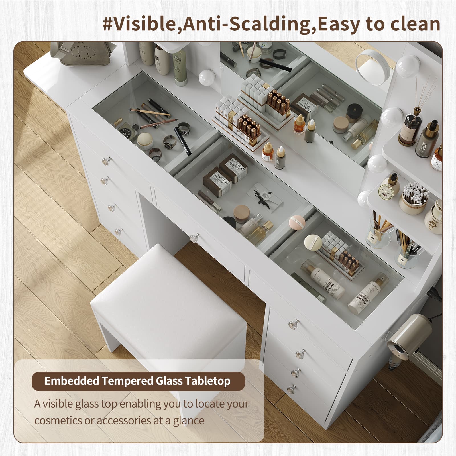 Yanosaku VD020 Vanity Desk with Power Outlet, Mirror, 10 LED Lights - Yanosaku SotreFurnitureVD020