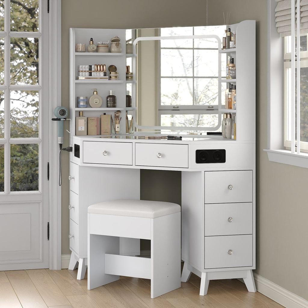 Yanosaku VD021 Corner Makeup Vanity, Mirror, Lights, Bluetooth, White - Yanosaku SotreFurnitureVD021 - WH