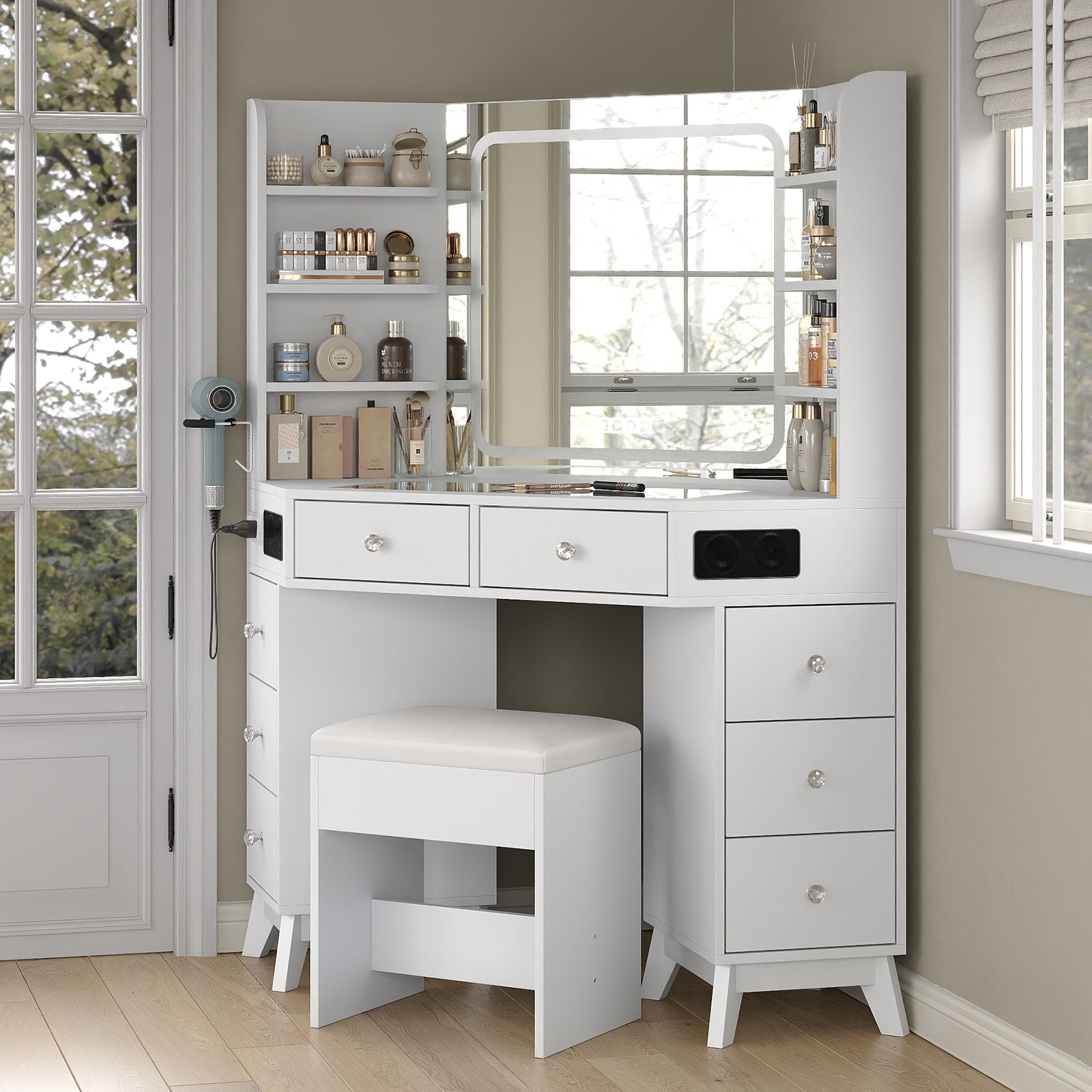 Yanosaku VD021 Corner Makeup Vanity, Mirror, Lights, Bluetooth, White - Yanosaku SotreFurnitureVD021 - WH