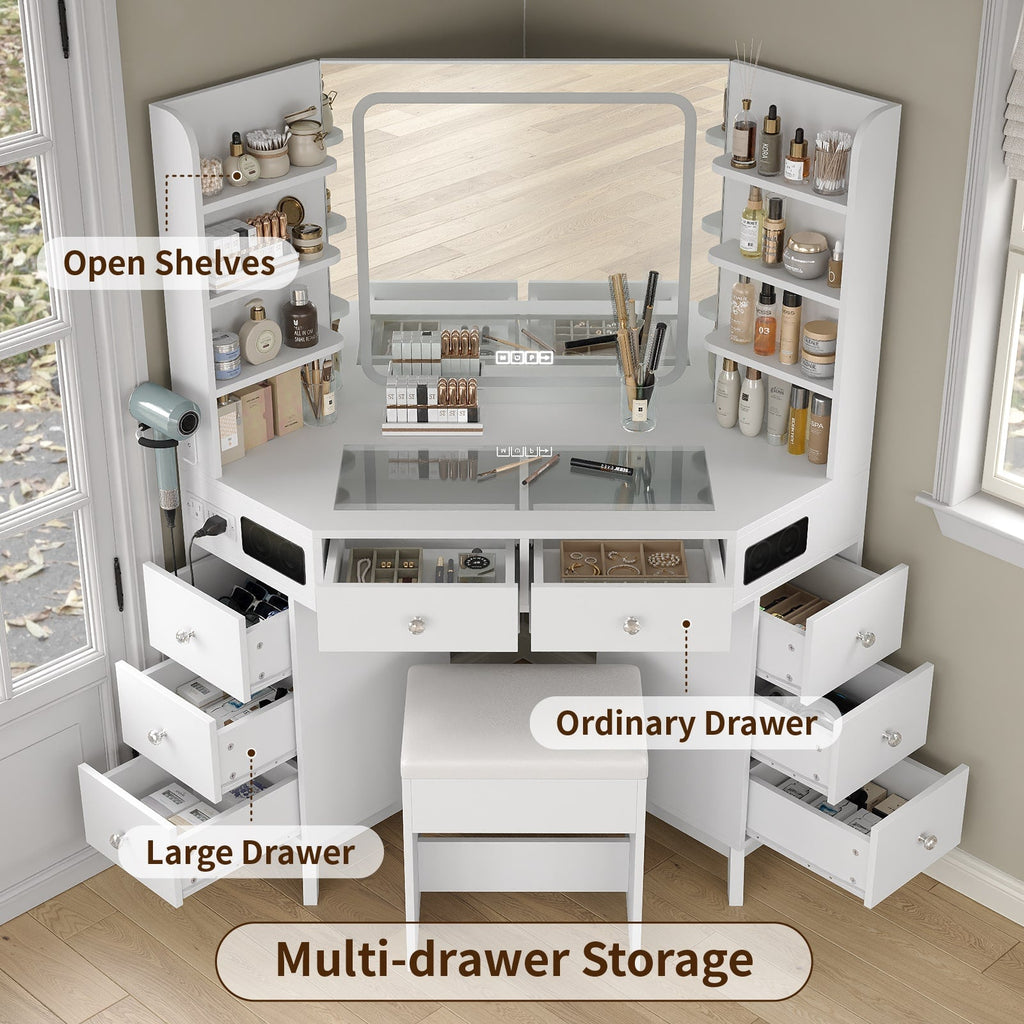 Yanosaku VD021 Corner Makeup Vanity, Mirror, Lights, Bluetooth, White - Yanosaku SotreFurnitureVD021 - WH