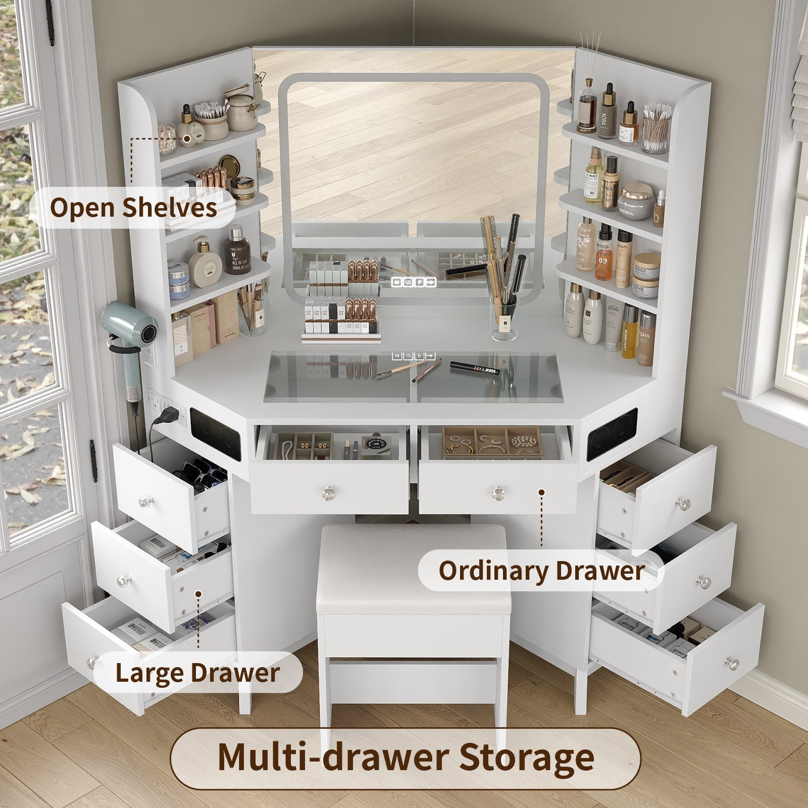 Yanosaku VD021 Corner Makeup Vanity, Mirror, Lights, Bluetooth, White - Yanosaku SotreFurnitureVD021 - WH