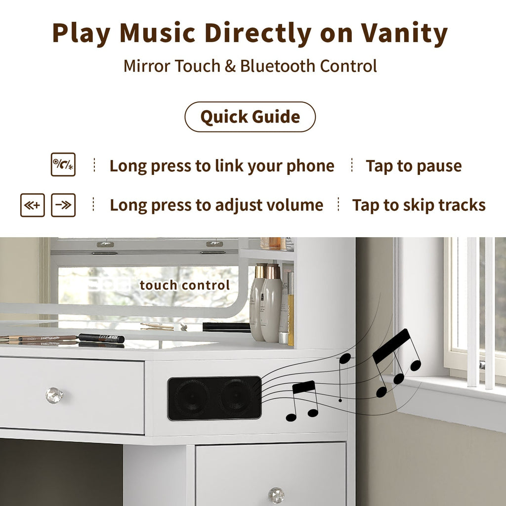 Yanosaku VD021 Corner Makeup Vanity, Mirror, Lights, Bluetooth, White - Yanosaku SotreFurnitureVD021 - WH