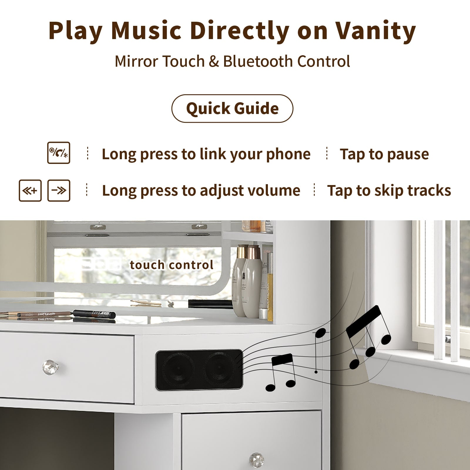 Yanosaku VD021 Corner Makeup Vanity, Mirror, Lights, Bluetooth, White - Yanosaku SotreFurnitureVD021 - WH