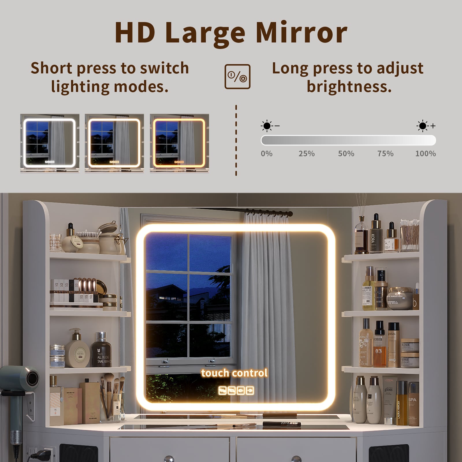 Yanosaku VD021 Corner Makeup Vanity, Mirror, Lights, Bluetooth, White - Yanosaku SotreFurnitureVD021 - WH