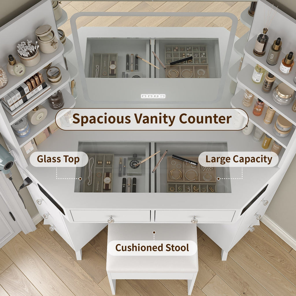 Yanosaku VD021 Corner Makeup Vanity, Mirror, Lights, Bluetooth, White - Yanosaku SotreFurnitureVD021 - WH