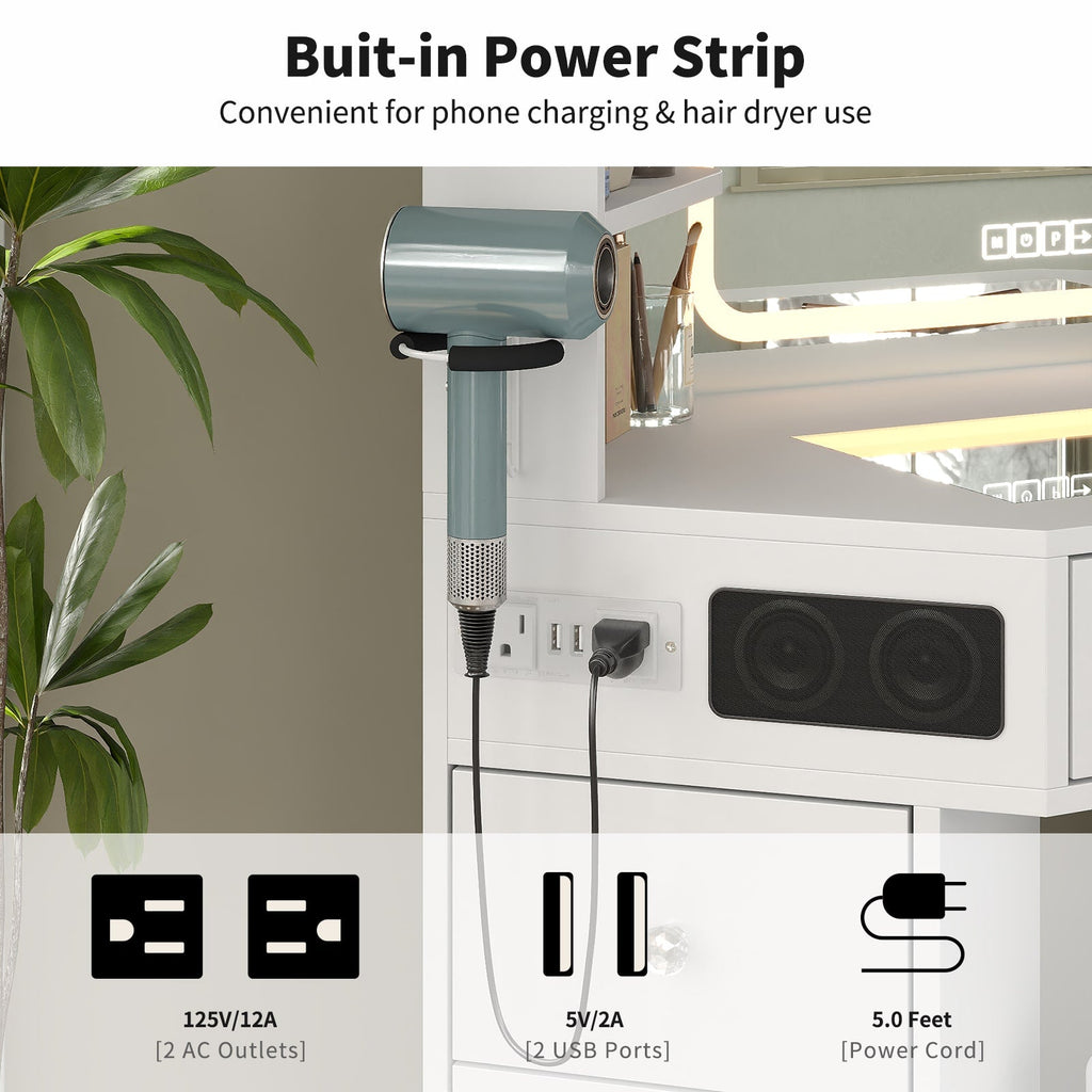 Yanosaku VD021 Corner Makeup Vanity, Mirror, Lights, Bluetooth, White - Yanosaku SotreFurnitureVD021 - WH