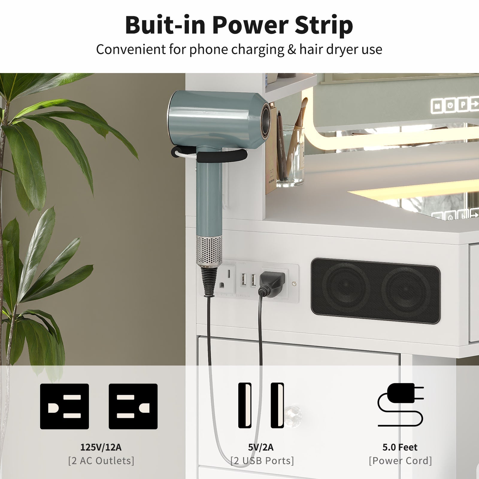 Yanosaku VD021 Corner Makeup Vanity, Mirror, Lights, Bluetooth, White - Yanosaku SotreFurnitureVD021 - WH