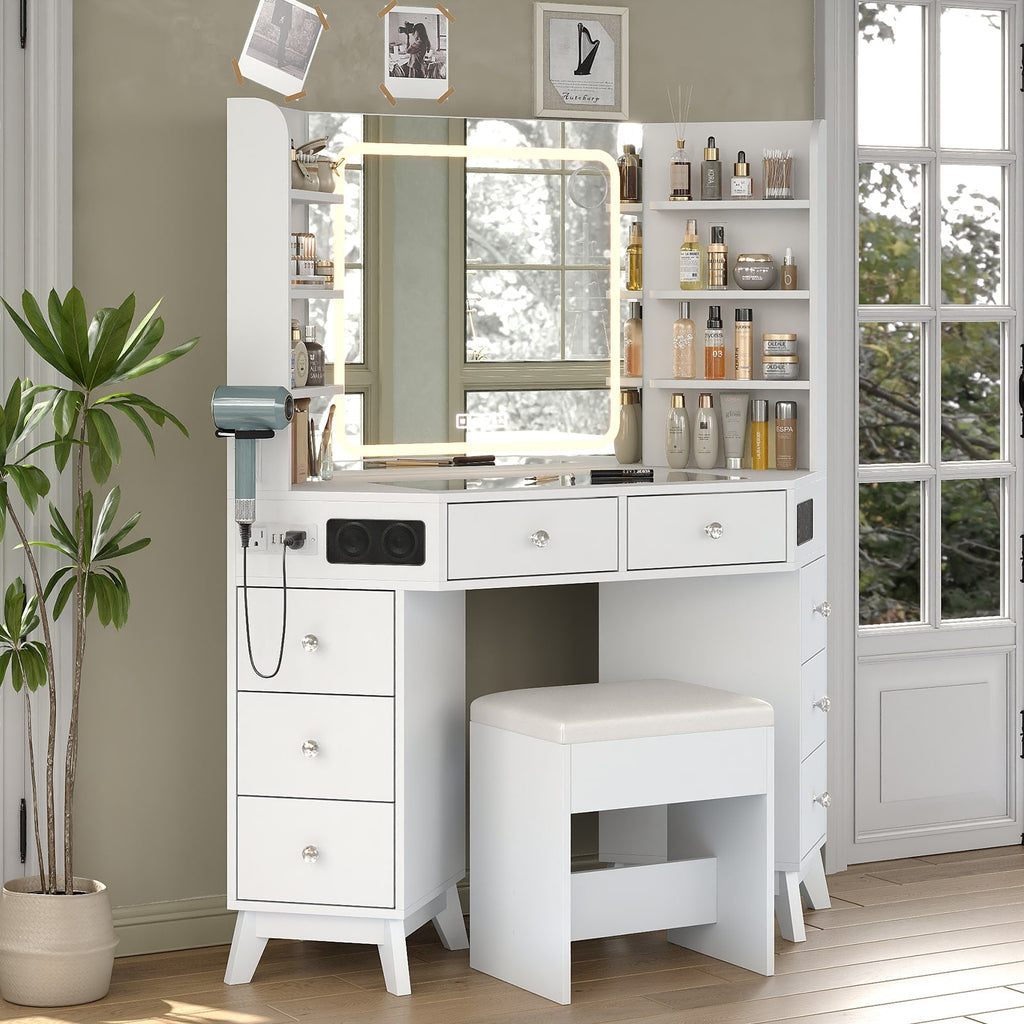 Yanosaku VD021 Corner Makeup Vanity, Mirror, Lights, Bluetooth, White - Yanosaku SotreFurnitureVD021 - WH