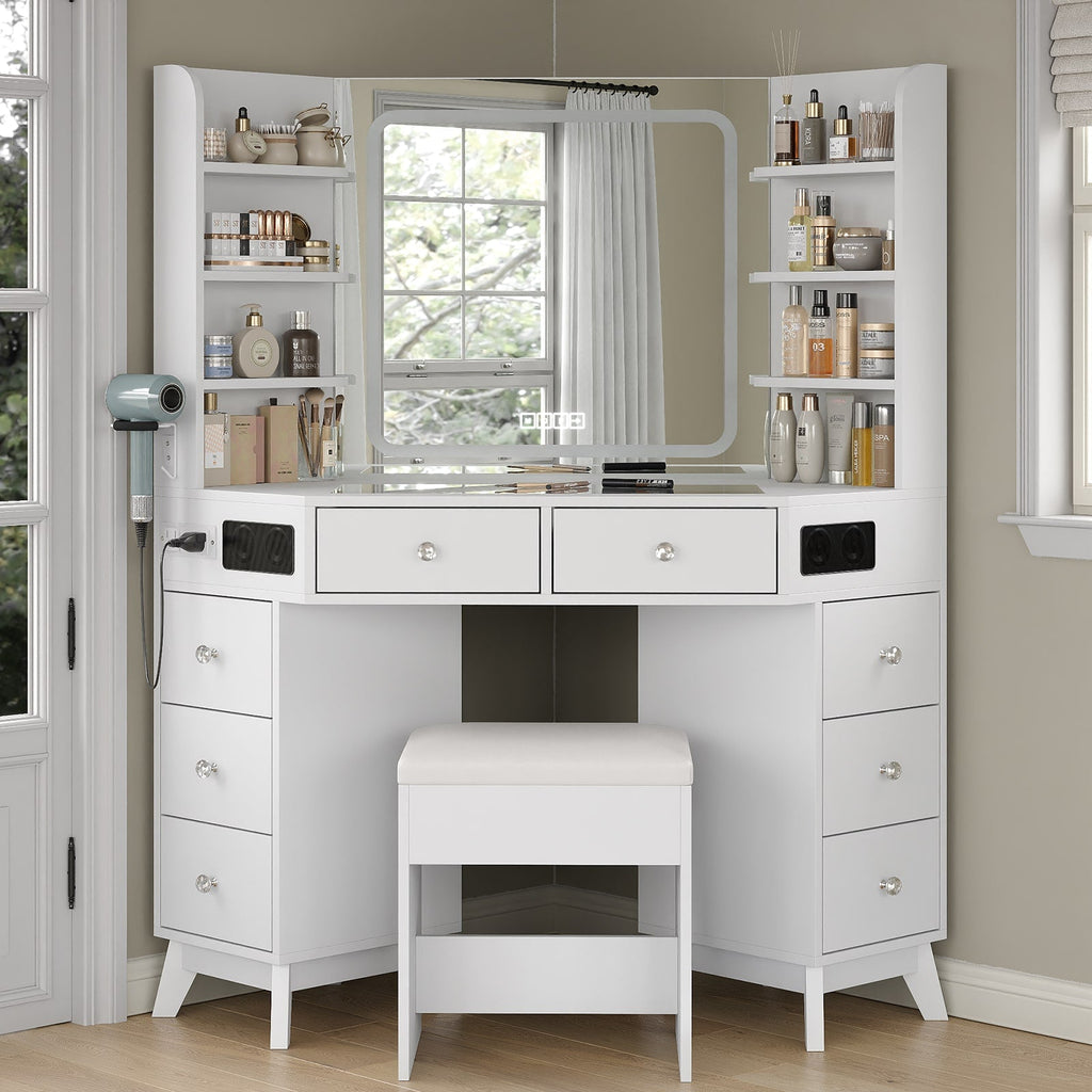 Yanosaku VD021 Corner Makeup Vanity, Mirror, Lights, Bluetooth, White - Yanosaku SotreFurnitureVD021 - WH