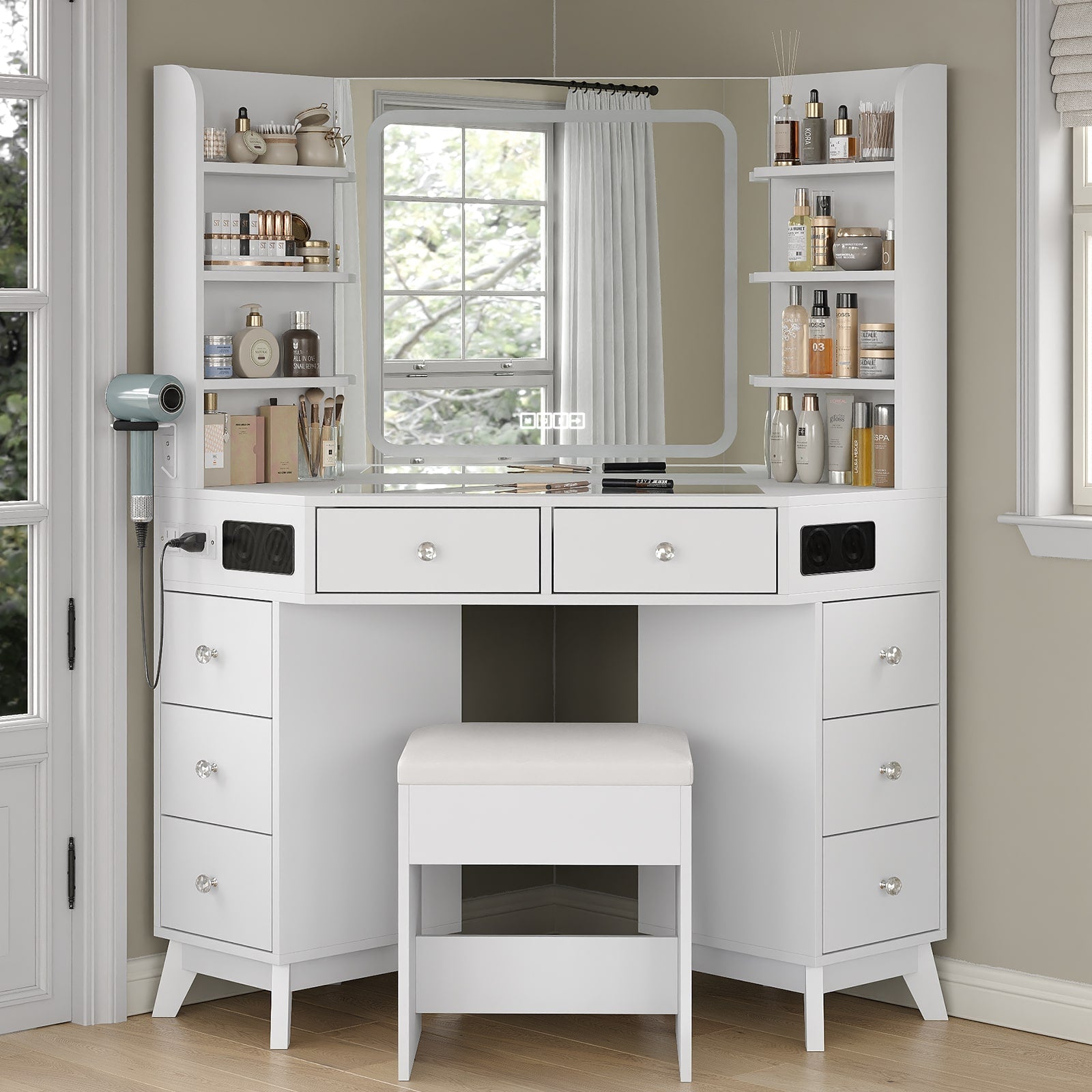 Yanosaku VD021 Corner Makeup Vanity, Mirror, Lights, Bluetooth, White - Yanosaku SotreFurnitureVD021 - WH