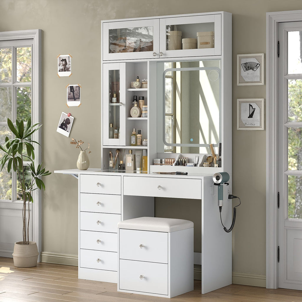 Yanosaku VD022 Vanity Desk with Mirror, Lights, Drawers, Stool, White - Yanosaku SotreFurnitureVD022 - WH