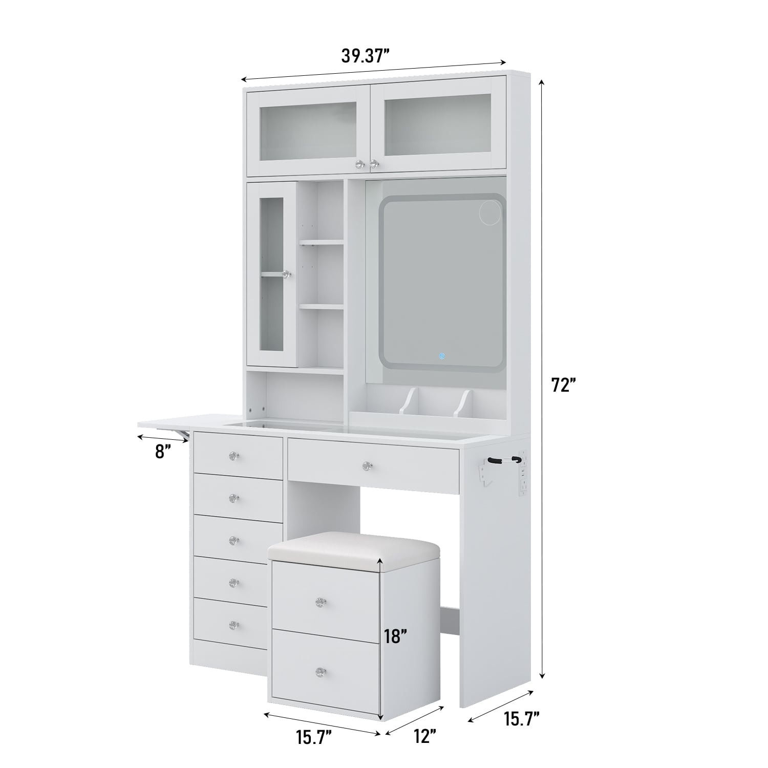 Yanosaku VD022 Vanity Desk with Mirror, Lights, Drawers, Stool, White - Yanosaku SotreFurnitureVD022 - WH