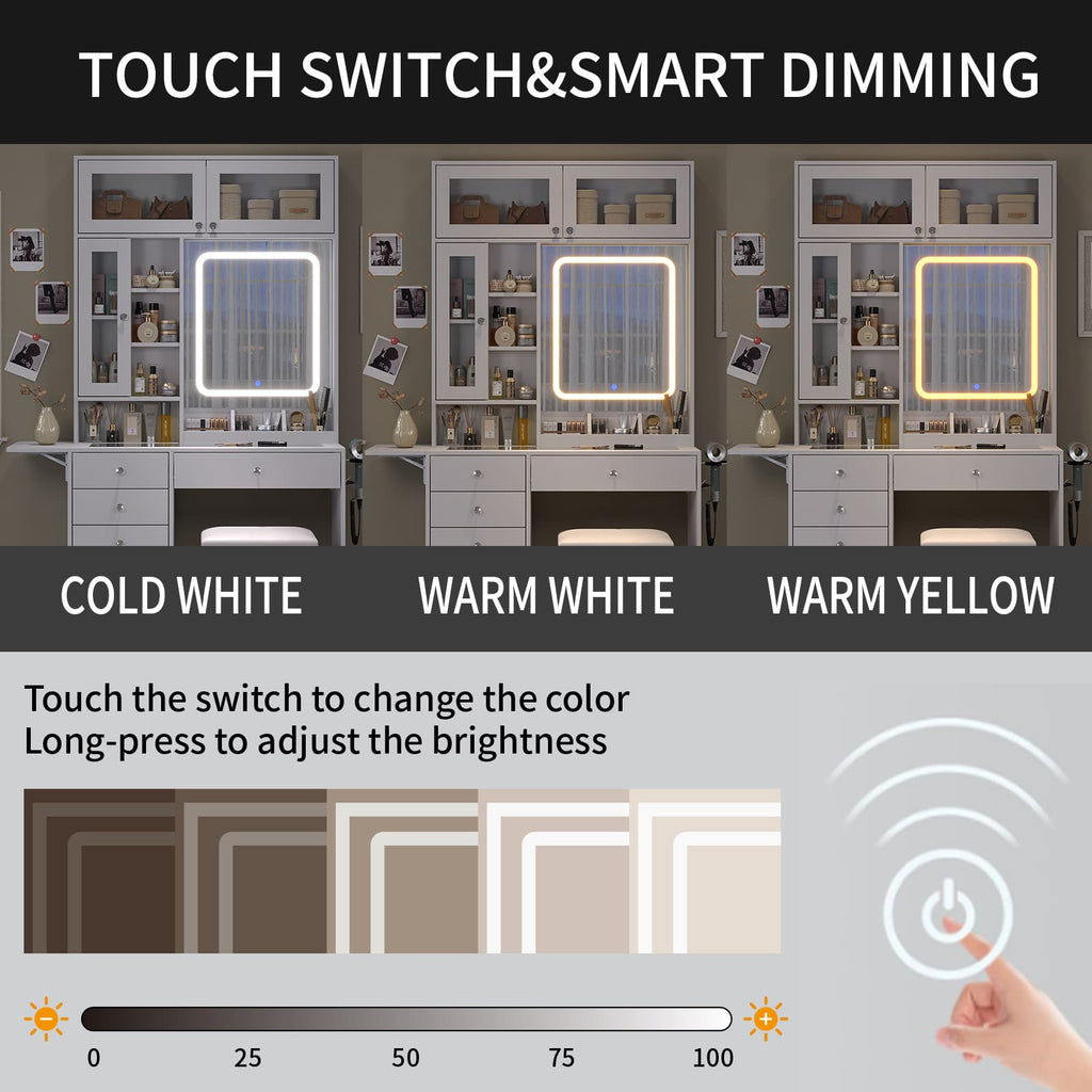 Yanosaku VD022 Vanity Desk with Mirror, Lights, Drawers, Stool, White - Yanosaku SotreFurnitureVD022 - WH