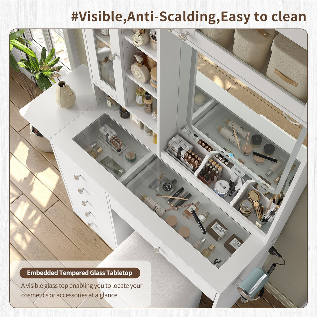 Yanosaku VD022 Vanity Desk with Mirror, Lights, Drawers, Stool, White - Yanosaku SotreFurnitureVD022 - WH