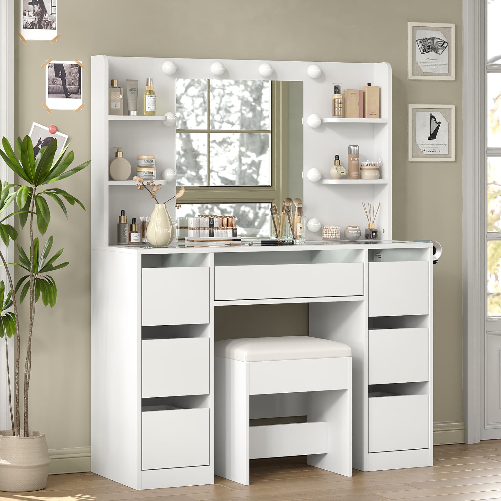 Yanosaku VD027 Vanity Desk with Mirror, 10 LED Lights, 7 Drawers & Charging Station - Yanosaku SotreFurniture