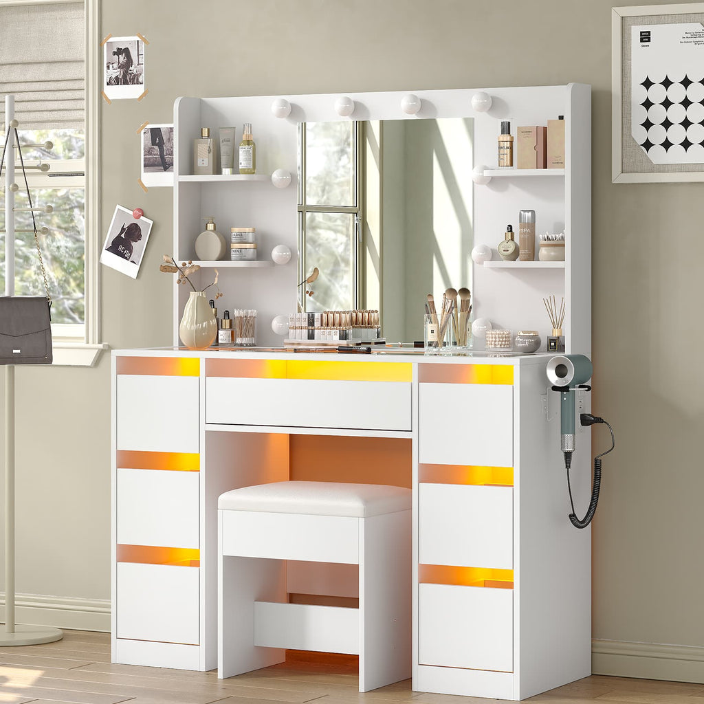 Yanosaku VD027 Vanity Desk with Mirror, 10 LED Lights, 7 Drawers & Charging Station - Yanosaku SotreFurniture