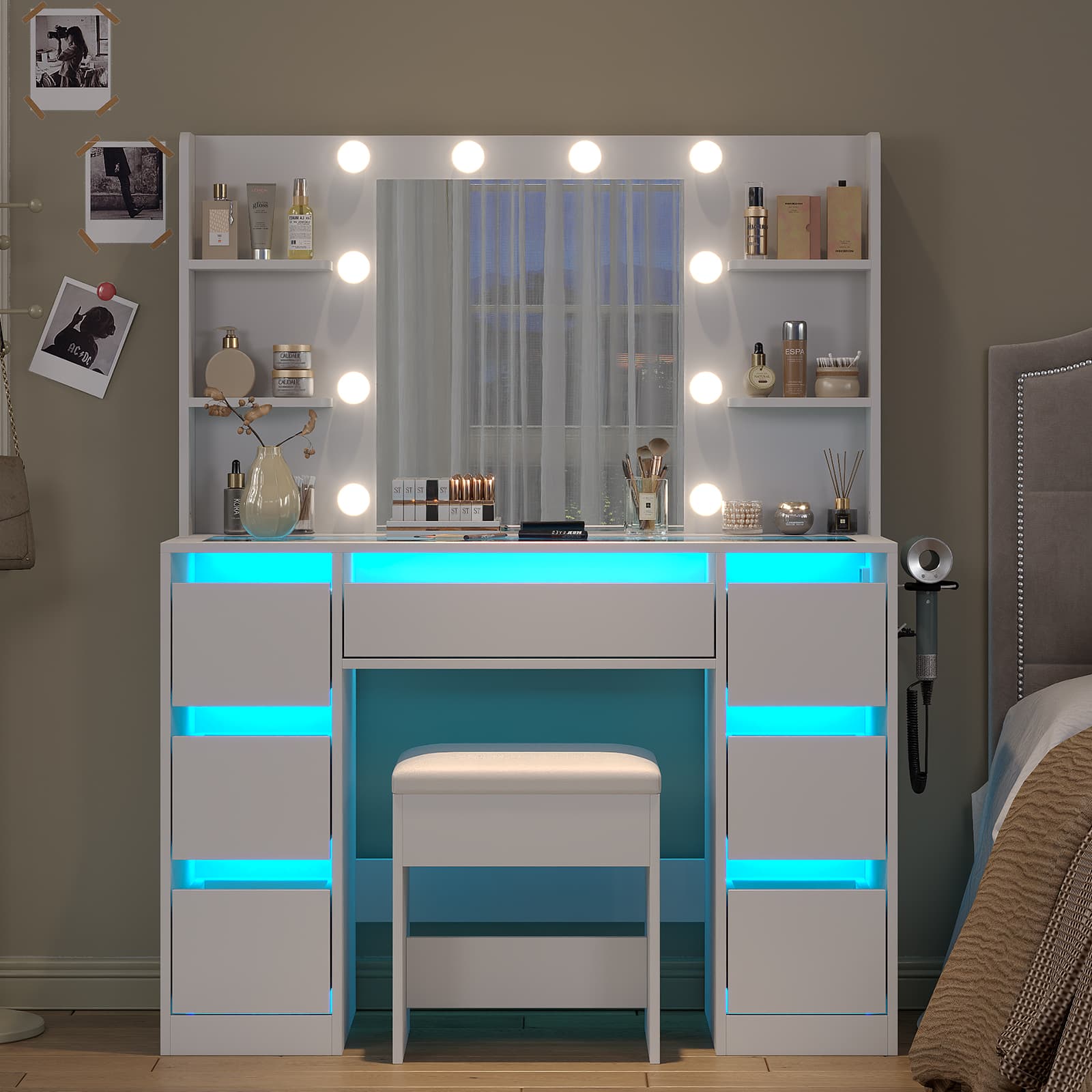 Yanosaku VD027 Vanity Desk with Mirror, 10 LED Lights, 7 Drawers & Charging Station - Yanosaku SotreFurniture