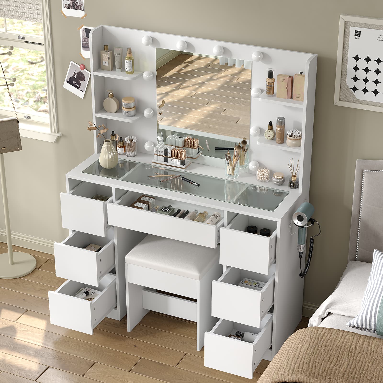 Yanosaku VD027 Vanity Desk with Mirror, 10 LED Lights, 7 Drawers & Charging Station - Yanosaku SotreFurniture