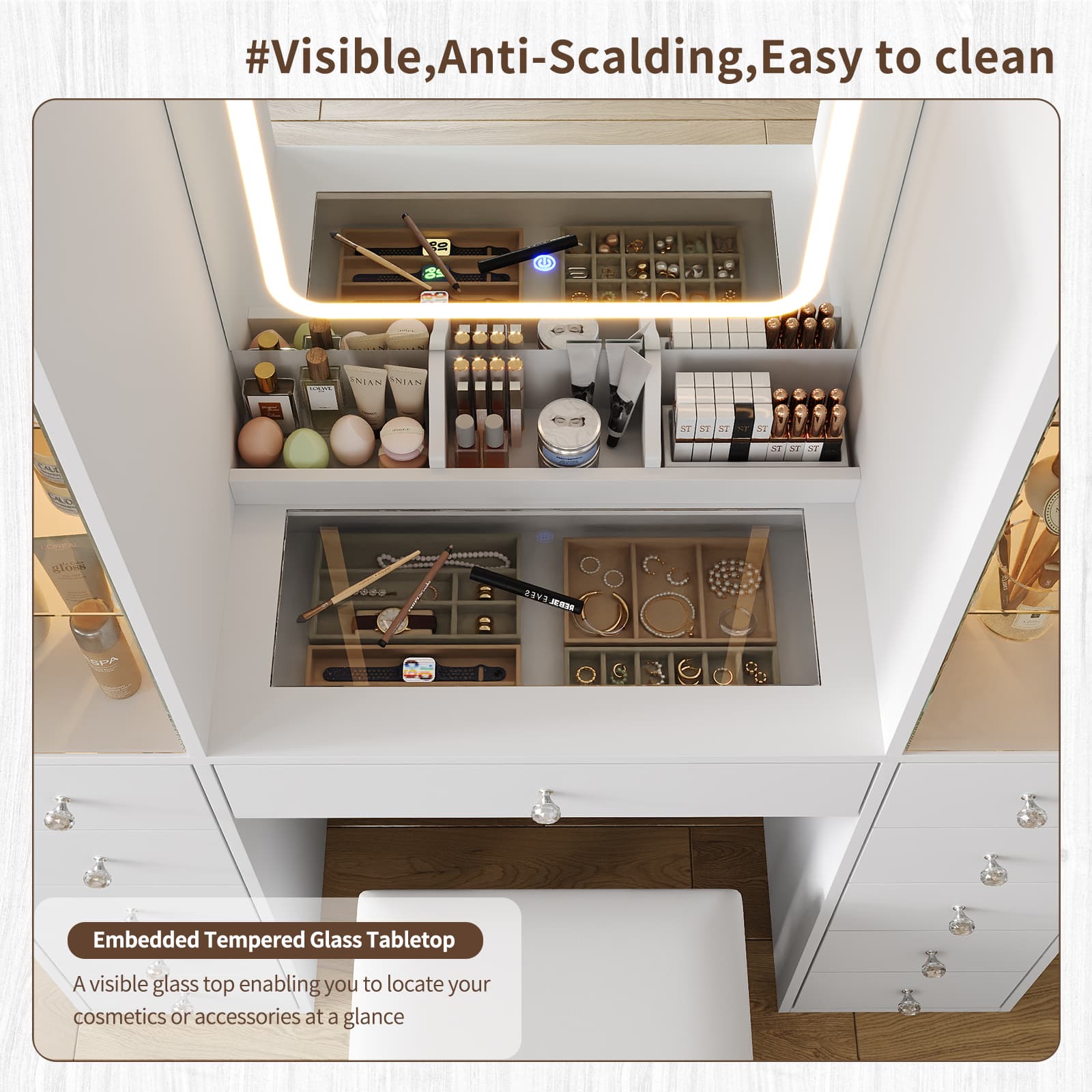 Yanosaku VD034 Bedroom Makeup Vanity desk with mirror, 11 Drawers - Yanosaku SotreFurnitureVD034 - WH