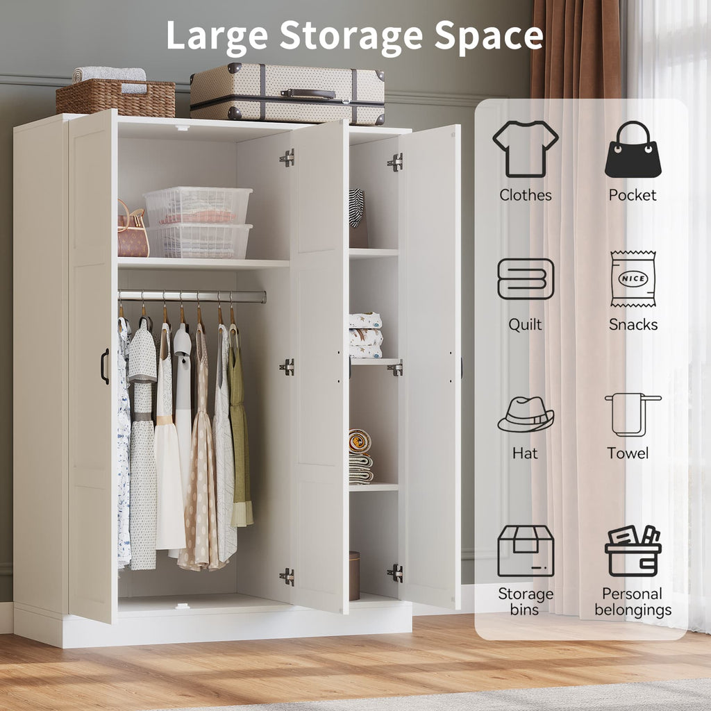 Yanosaku YG002 Modern 3 - Door Wardrobe Armoire with Mirror, Large Closet with Shelves & Hanging Rod, White - YanosakuFurniture