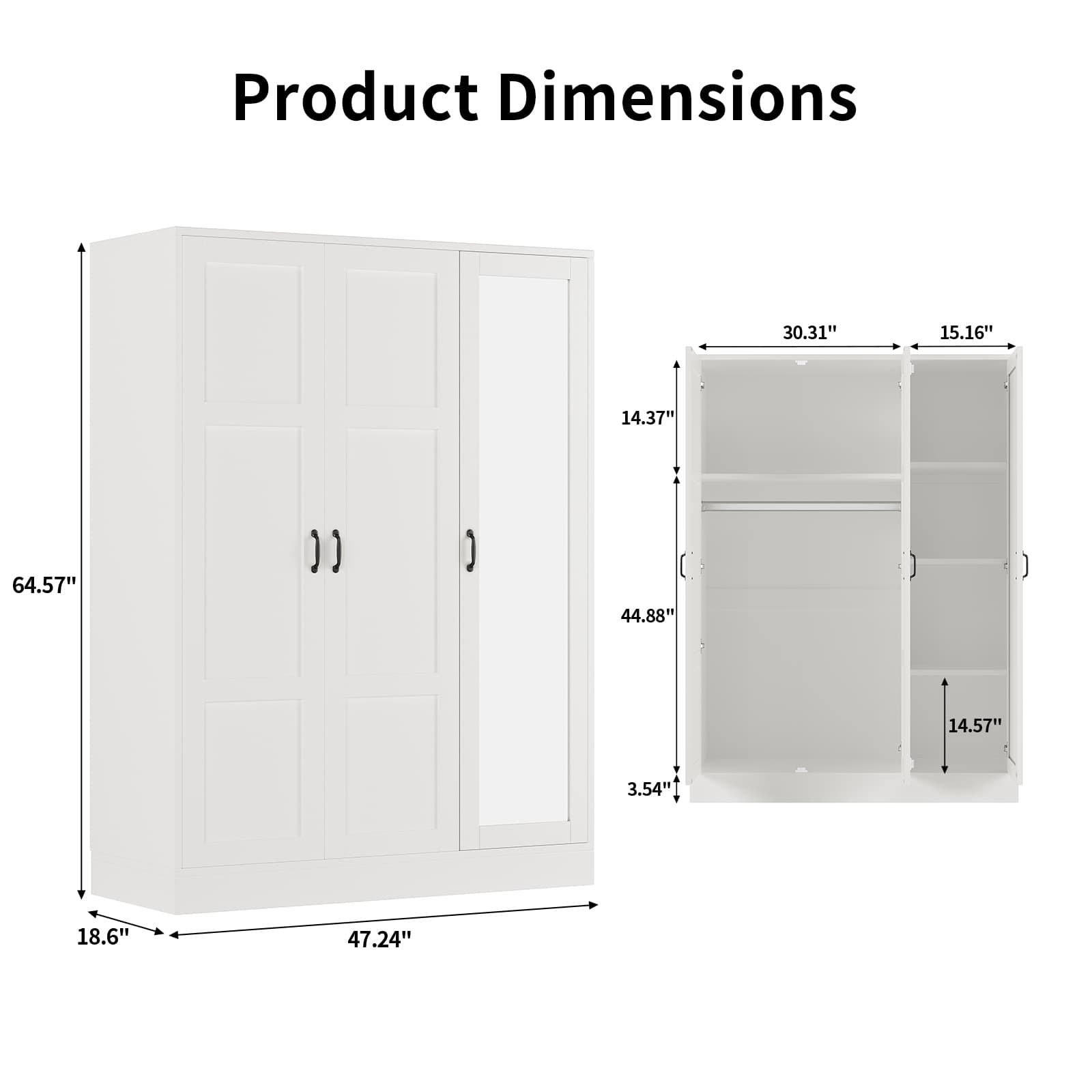Yanosaku YG002 Modern 3 - Door Wardrobe Armoire with Mirror, Large Closet with Shelves & Hanging Rod, White - YanosakuFurniture