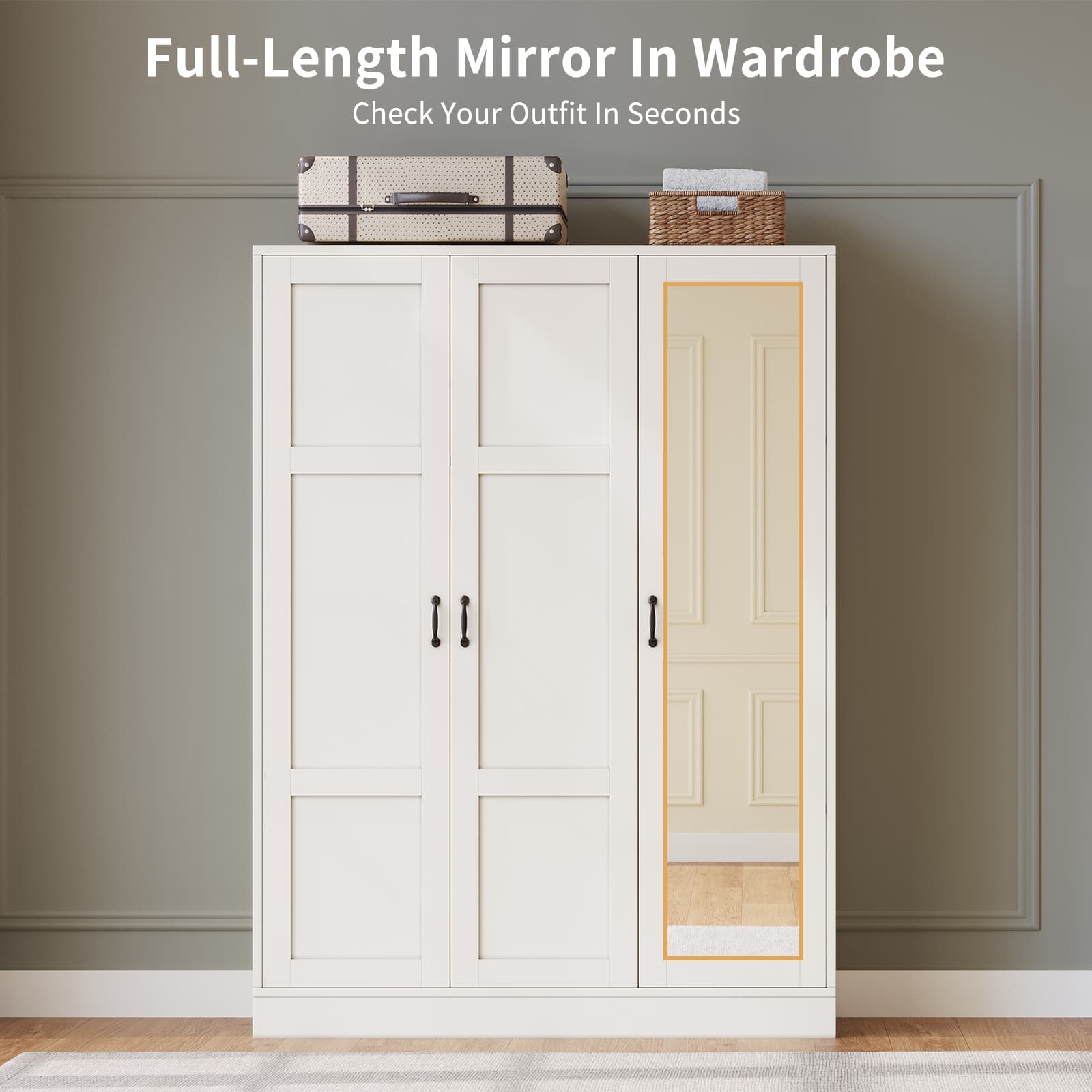 Yanosaku YG002 Modern 3 - Door Wardrobe Armoire with Mirror, Large Closet with Shelves & Hanging Rod, White - YanosakuFurniture