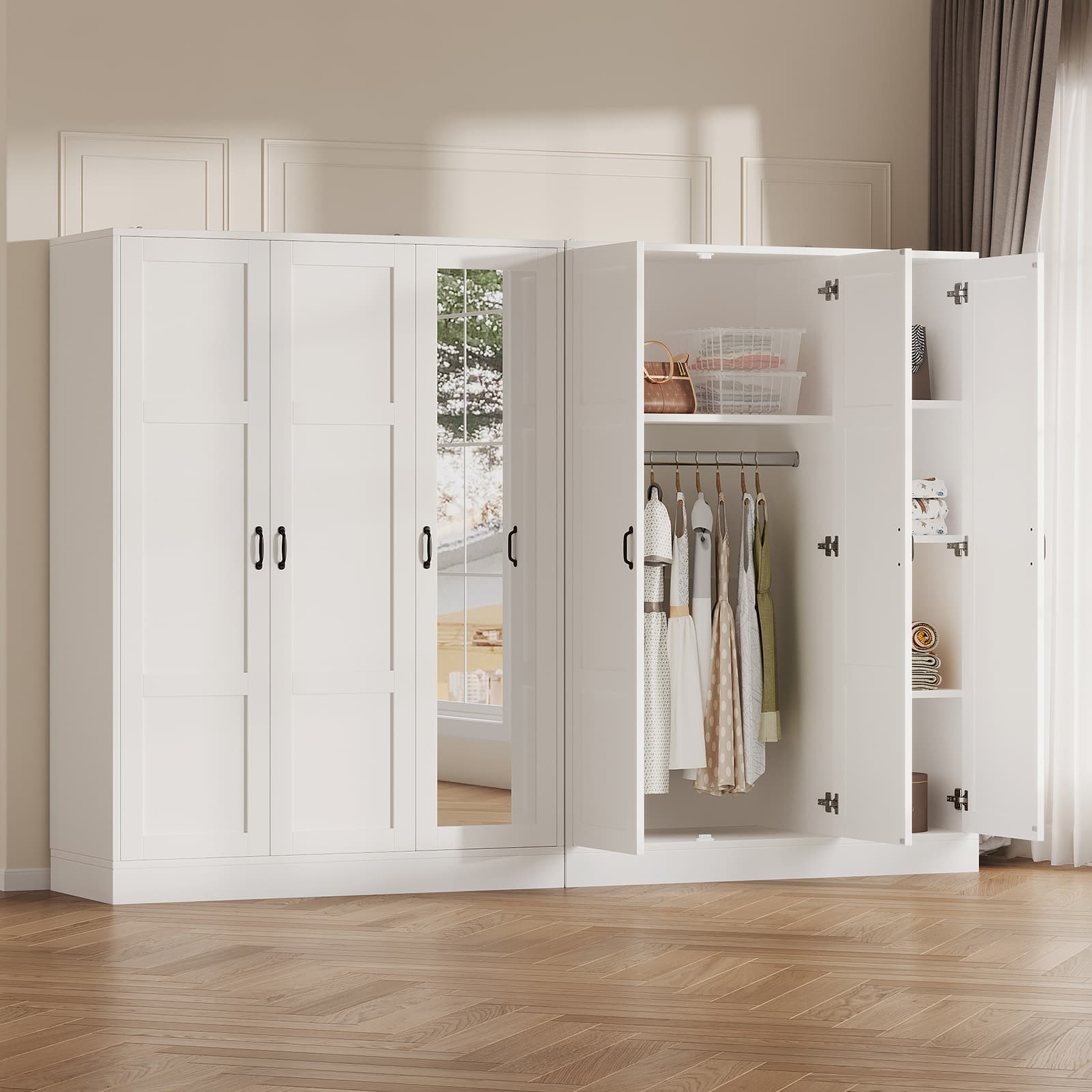 Yanosaku YG002 Modern 3 - Door Wardrobe Armoire with Mirror, Large Closet with Shelves & Hanging Rod, White - YanosakuFurniture