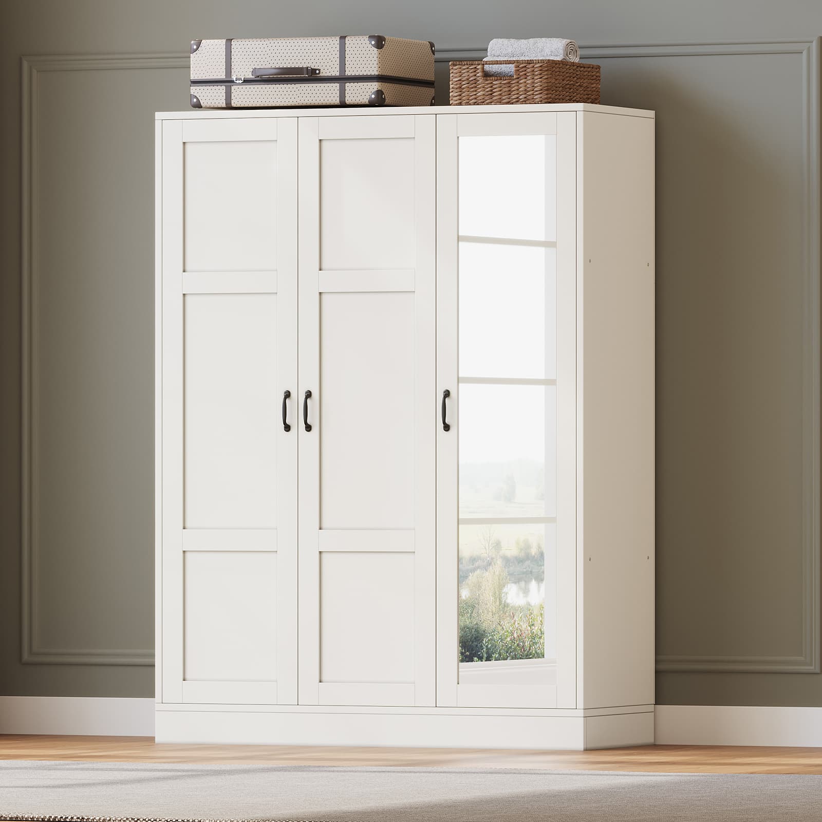 Yanosaku YG002 Modern 3 - Door Wardrobe Armoire with Mirror, Large Closet with Shelves & Hanging Rod, White - YanosakuFurniture